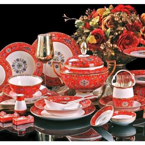 86pieces enamel color bone china tableware set Jingdezhen painted gold high-end dishes home to move to the wedding Hotel Club