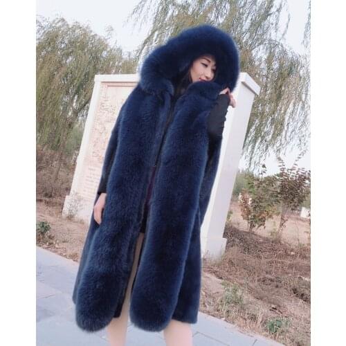 Natural mink fur vest hooded long coat female cloak shawl womens waistcoat with large fox fur threshold and collar overcoat
