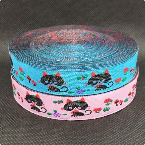 2015 NEW wholesale 5/8" 10yards/lots Woven Jacquard Ribbon lace 16mm Pink and blue lovely cat KT2015051203