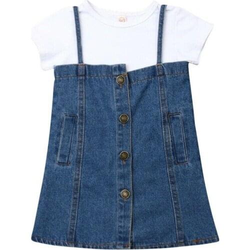 New 2PCS Toddler Kid Baby Girl Casual Shirt Strap Denim Dresses Clothes Set