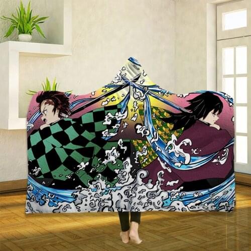 Anime Demon Slayer 3D Printing Throw Hooded Blanket Wearable Warm Fleece Bedding Office Quilts Soft Adults Travel 08