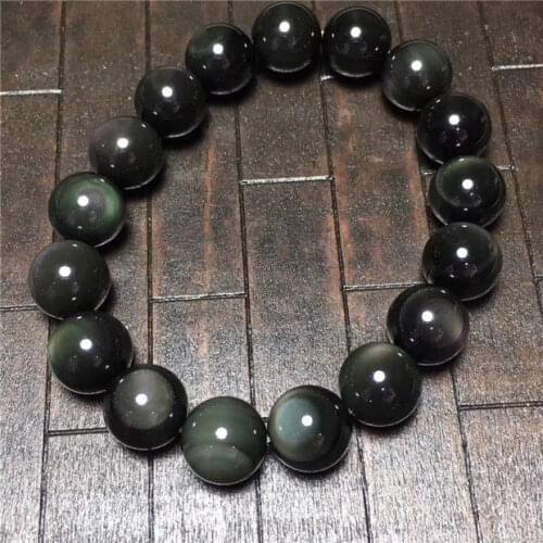 Genuine Natural Black Obsidian Gemstone Round Beads Bracelet 12mm AAA