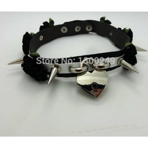 Sexy Fashion Harajuku Handmade real Leaather lolita Flower Stud Rivets Punk & Goth Black Collar Choker Necklace Free shipping