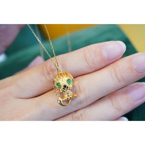 JL Solid 18K Gold Kitten 0.2ct Nature Green Emerald Gemstones Pendants Necklaces for Women Fine Jewelry for Women Gifts