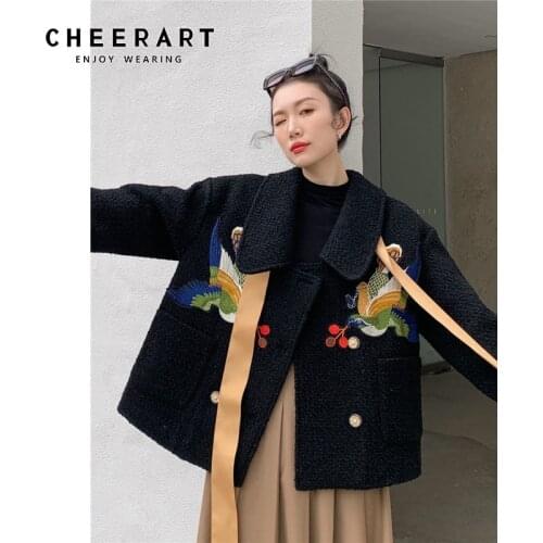 CHEERART Designer Wool Coat Women Bird Embroidered Coat Ribbon Black Tweed Jacket Fashion 2021 Kawaii Outerwear Korean