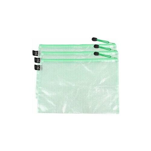 Plastic Zipper Water-resistant Mesh B5 Paper File Bag Clear Green 29x20.5cm 3pcs