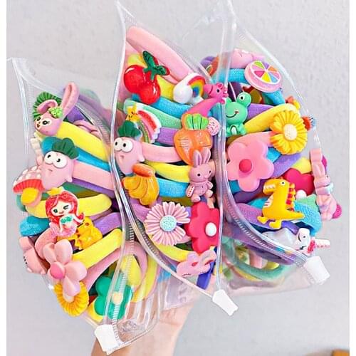 10PCS/Set New Cute Cartoon Flower Fruit Scrunchies For Girls Ponytail Holder Headband Hair Rubber Bands Fashion Hair Accessories