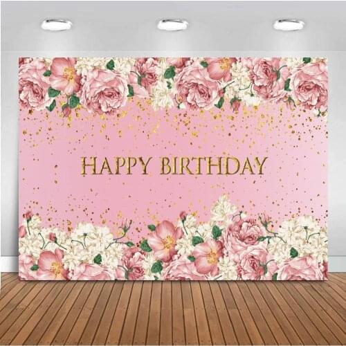 Rose Gold Glitter Happy Birthday Backdrop Floral Flowers Dots Adult Girl Birthday Party Background Decoration Custom Photography