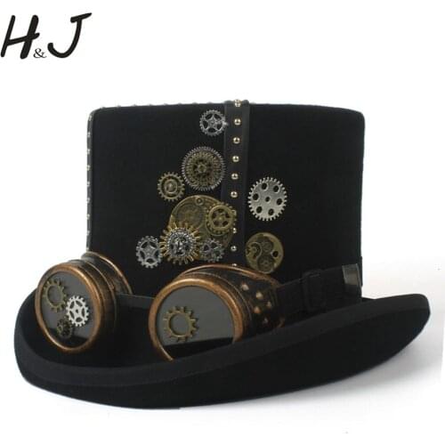 13.5CM Black Steampunk Top Hat For Women Men Fedora Punk Glasses Gear Millinery Goggles Party Cap 4 Size