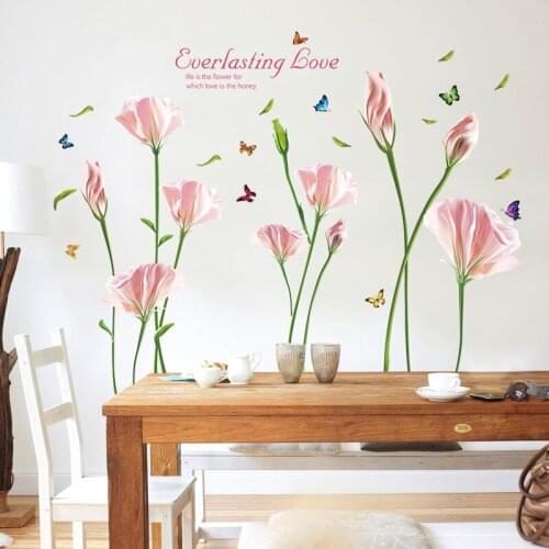 Pink flower wall stickers Vinyl DIY Butterfly Flower Wall decals For Living room Bedroom Sofa TV Background wall Decor Murals