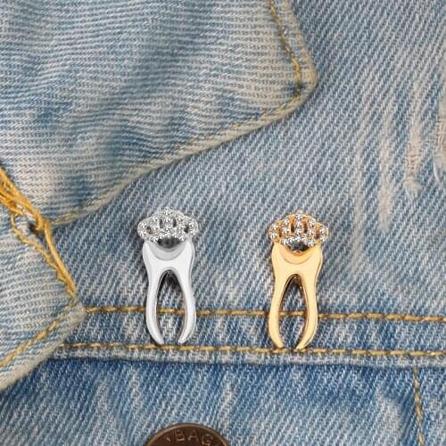 Shiny Gold Silver Color Tooth Brooches With Crystal Medical brooch Button Badge Denim Jackets Lapel Pin For Doctor Nurse Jewelry