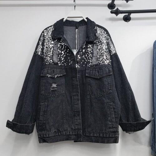 Heavy Work Sequins Splicing Black Denim Jacket Women Loose Long Sleeve Casual Hole Jeans jacket Spring 2021 Female Basic Outwear