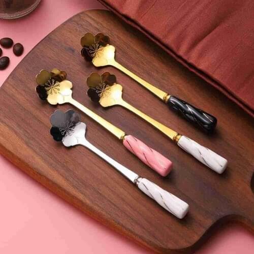 1pc steel floral spoon ceramic handle mixing spoon floral style spoon european coffee elegant spoon dessert B0E7