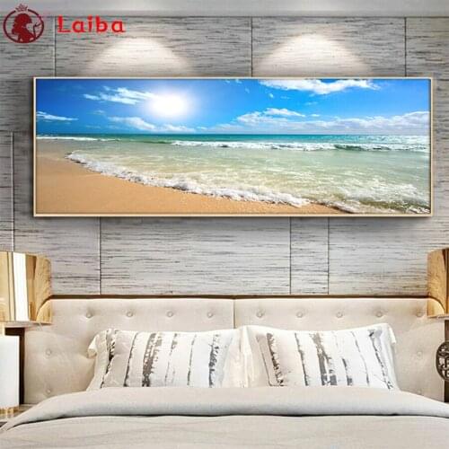 3d round square diamond embroidery Natural scenery, blue sky and white cloud beach Diy full diamond painting stitch cross mosaic