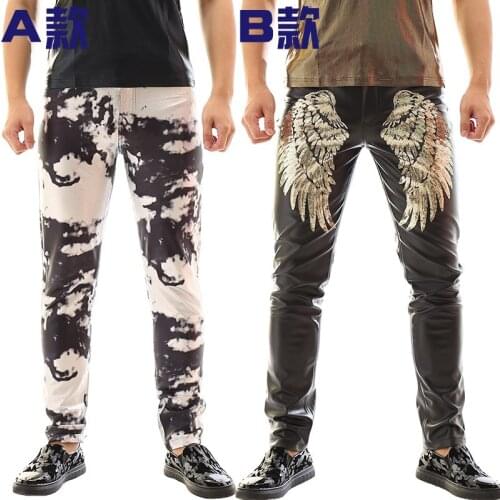 2016 New Personality Male novelty Camouflage Leather Pants Costumes Nightclub male singer dj ds punk slim trousers