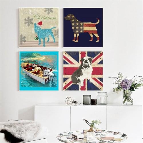 English America Flag Dog Painting Wall Art Retro Wall Pictures for Living Room Cute Poster Funny Animals Cuadros Decoracion