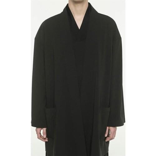 Mens new classic simple mens windbreaker jacket kimono ultra loose large size dark black coat