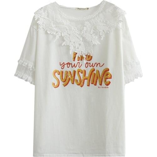 Summer T-Shirt Women Clothes Tees 2021 Casual Plus Size Tops Short Sleeve Letter Print Lace Camiseta Mujer K72-1090