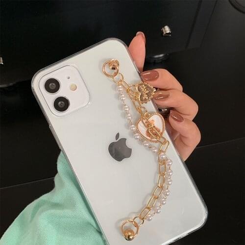 Love heart Bear Wrist Chian Strap Phone Case For Samsung S20FE Note20Plus A51 A71 A10 A20E A40 Pearl Chain transparent Cases