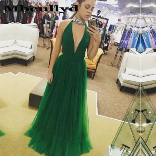 Mbcully Pretty Dark Green A-line Evening Dresses 2020 With Sexy Deep V-neck Tulle Prom Gowns Glitter Crystal Vestidos de fiesta