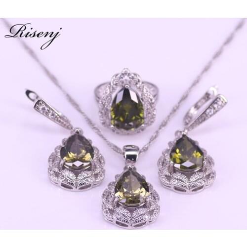Many Colors Top Zircon Water Drop 925 Sterling Silver Jewelry Set For Women Drop Earrings Necklace Ring Set Free Shipping