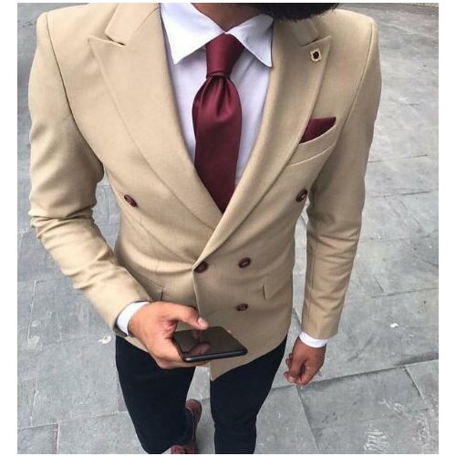 2019 Men Suits Khaki Double Breasted Men Suit For Wedding Classic Blazer Masculino Prom Custom Made 2Pieces(Jacket+Pant+Tie)