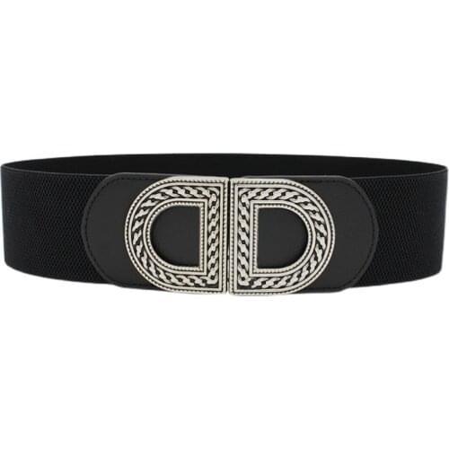 New Women Cummerbunds Dress Elastic Wide Black Waist Seal Coat Vintage Silver Bukle Waistband Ceinture Femme Cinturones Mujer