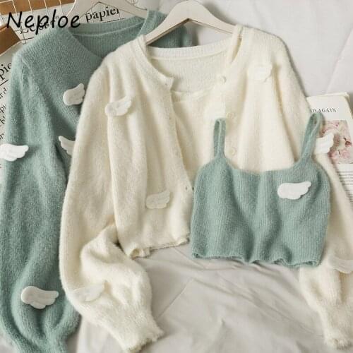 Neploe Autumn Plush Sweater Two-piece Female O-neck Single-breasted Angel Wings Decoration Cardigan + Short Camisole Women 2pcs