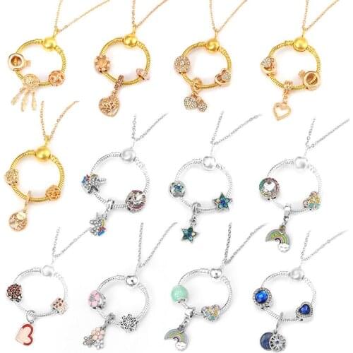 Simple Round Geometric Cubic Zircon Necklace Silver Color Clavicle Chain Union Rainbow Crown Charm Necklace For Women Jewelry