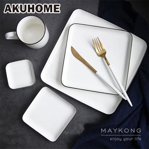 Simple European Style Ceramic Square Plate 5 8 10 Inch Rectangle Plate Black Stripe China Bone Steak Plate