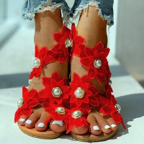New Womens Sandals Creativity With Red Floral Design Open Toe Shoes Beach Fashion Casual Flat Bohemian Flat Sandals For Female