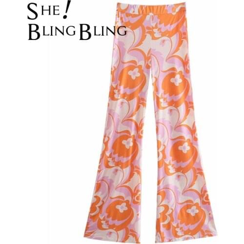 SheBlingBling 2021 Za Long Trousers wide leg flared pants 2 piece Women Print shirt Long Sleeve Summer Blouses Woman Chic Tops