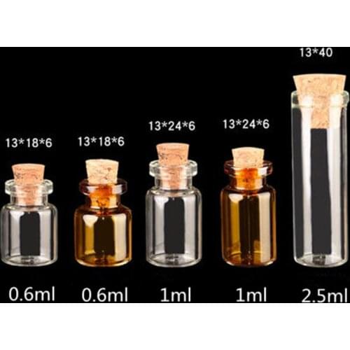 0.6ml 1ml 2.5ml Glass Bottle DIY Wishing Vial Tubular Drift Vial 13mm Diameter Transparent Pot Cork Stopper Essential Oil Bottle