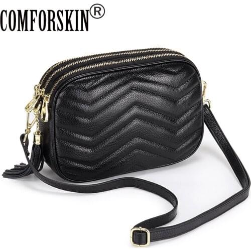 COMFORSKIN High Quality Women Messenger Bag Dropshipping Genuine Leather Three Zipper Compartments Cross-body Bags For Female