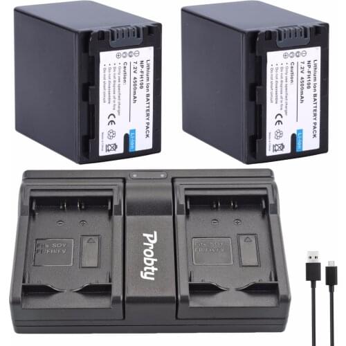 PROBTY 2Pcs 4500mAh NP-FH100 NP FH100 LI-ION Battery + USB Dual charger For Sony XR100E 200E 500E 520E UX5E 7E SR10E 11E 12E
