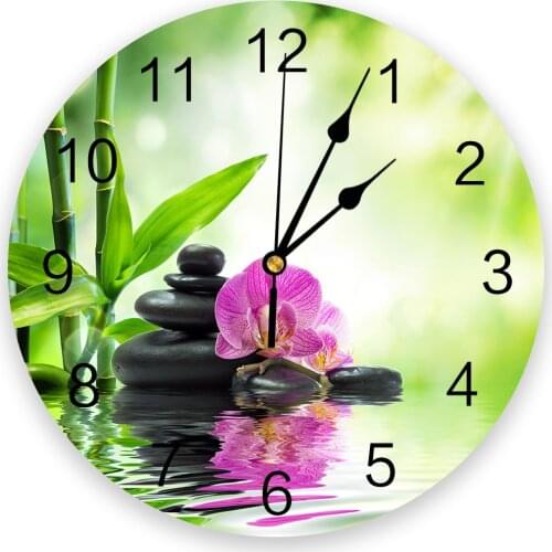 Green Bamboo Leaves Stone Flower Water Reflection New Wall Clock Fashion Living Room Watch Modern Home Decoration Round Clocks