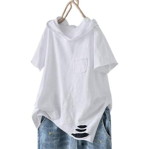 Women Casual Solid Color Short Sleeve Ripped Giraffe Print Loose T-shirt Hoodie Tees Summer Tops Ladies Clothing