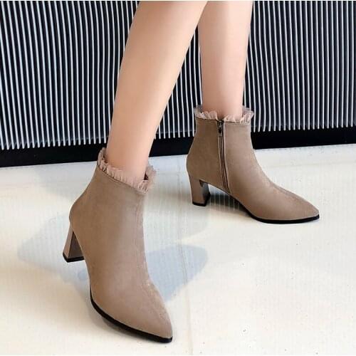 New Women Boots Ankle PU Leather Zipper Booties High Heels Autumn Shoes Black Winter Boots Zapatos De Mujer Pointed Toe U22-06