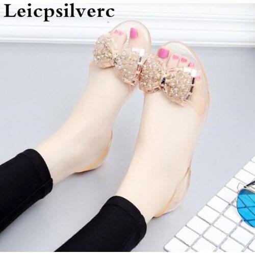 Summer new crystal womens sandals flat bottomed water drill bow tie beach jelly women shoes
