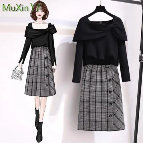 Womens Short Skirt Suit 2021 New Autumn Winter Plus Size Knitted Sweaters Plaid Skirt Two-piece Korean Fashion Top Dress Set