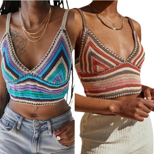 Summer Ladies Sexy Midriff-baring Camisole Girls Creative Colorful Stripe V-neck Sleeveless Base Shirt Knitted Tops