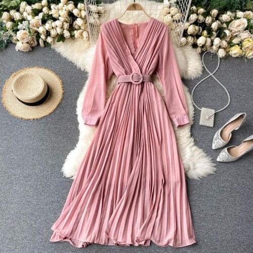 New 2021 Spring Women Long Dresses Sashes Solid V-neck Fashion Pleated Vintage Dress Elegant A-line Ladies Office Dress