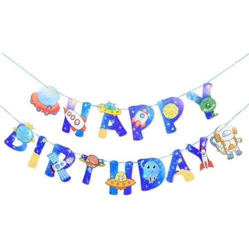 1 Set New Outer Space Theme Banners UFO Spaceship Astronaut Happy Birthday Bunting Flags for Boy Kids Party Decorations Supplies