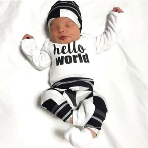 Newborn Baby Boys Girls Clothes Infant Clothing Set Cute Long Sleeved Letter Hello World T-shirt+Pants+Hat 3Pcs Toddler Outfits