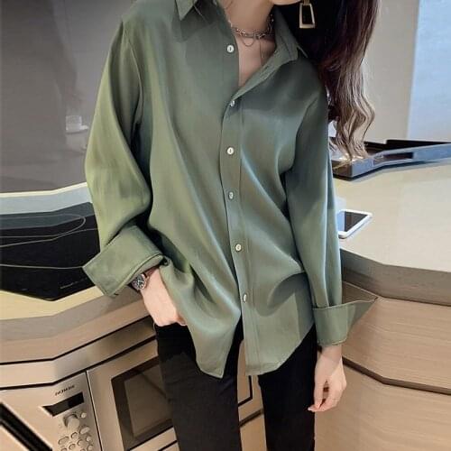 #8277 Spring Autumn Green White Beige Casual Chiffon Shirt Women Long Sleeves Loose Office Shirt Female High Quality Fashion