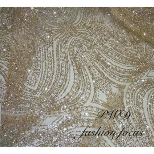 African tulle french lace fabric with sequins Gold glued glitter net lace fabric for sewing party dress
