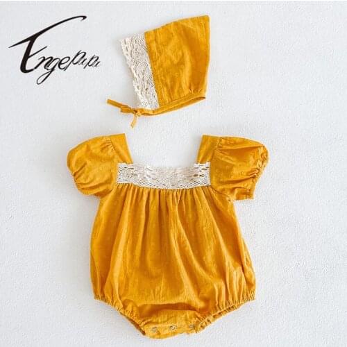 Engepapa Toddler Baby Girl Romper+Hat Lace Stitching Cotton Short Sleeve Infant Baby Girls Jumpsuit Summer Baby Girl Clothes