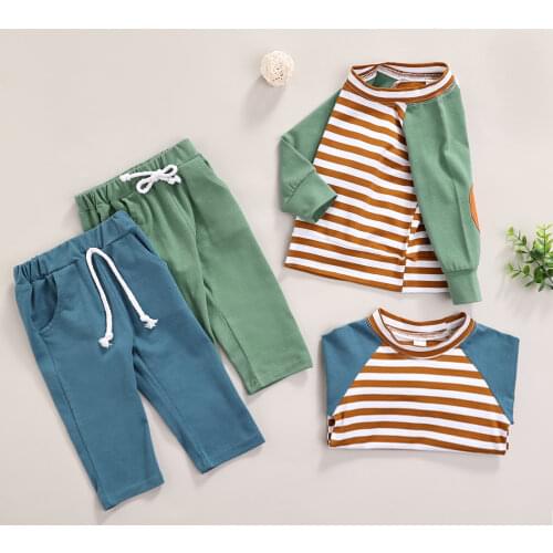 FOCUSNORM 0-24M Autumn Causal Baby Boys Clothes Sets 2pcs Striped Patchwork Long Sleeve Pullover Tops Elastic Pants