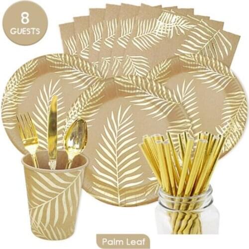 Hawaiian Theme birthday party supplies Gold foil Tropical Palm Leaves Plates disposable tableware baby shower Wedding Decoration