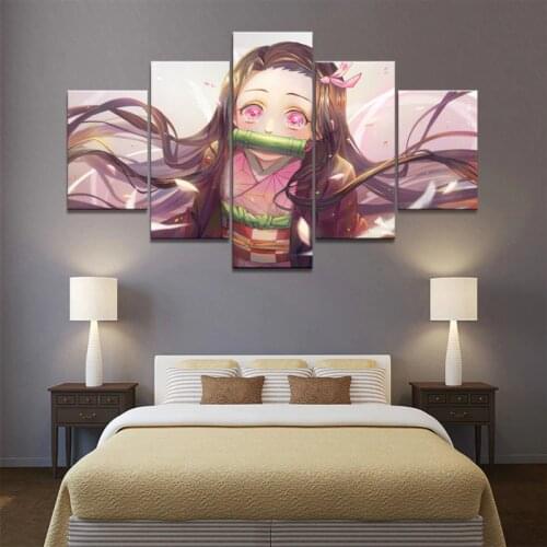 Canvas Painting Wall Art 5 Panel Anime Girl Kamado Nezuko Demon Slayer Kimetsu No Yaiba Home Decor Print Pictures Modular Poster